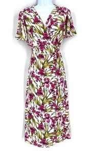 June & Hudson Women's Floral Wrap Dress Maxi Spring Tie Back Red White Size larg