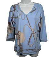 J McLaughlin Womens Medium Top Equestrian Saddle Blue Vneck Stretch 3/4 Sleeve