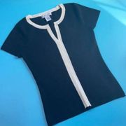 Urchin Women’s Navy Blue Short Sleeves & Ecru Central Band Blouse Top Size M