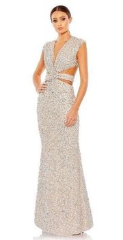 Mac‎ Duggal Sequined Cap Sleeveless Plunge Neck Cut Out Gown Nude Silver- NWT