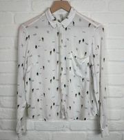 Bershka BSKGIRL Cactus Print Women's Button Down Long Sleeve Shirt White Size S