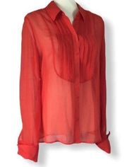 Orange silk long sleeve blouse top, Leith women's medium pleated chiffon shirt