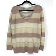 Hinge Sweater Women's Size M Striped Pullover Colorblock Knit Long Sleeve Beige