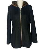 Womens ANNE KLEIN Black Wool Blend Coat Animal Print Faux Fur Hood Zip Front Sm