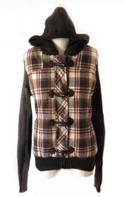 Jacket Puffer Knit Hooded Plaid Brown XL