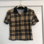 Y2K  fitted cropped baby t shirt polo collar brown plaid zipper