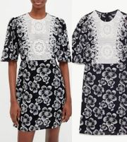 NWT  Black White Floral Embroidered and Crochet Above the Knee Dress Small