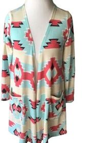 LuLaRoe Sarah Open Cardigan Duster Kimono Turquoise Coral Aztec Pockets L