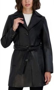 Tahari Nicole Black Soft Genuine Leather Double Button Wrap Tie Trench Coat