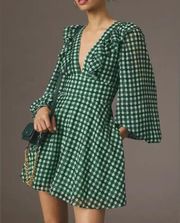 Anthropologie Hutch Deep-V Ruffled Romper in Emerald Green Plaid