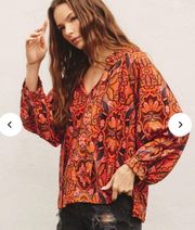 Bohemian Orange Printed Long Sleeve Relaxed Fit Blouse Sz Small