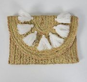 Mudpie Womens Envelope Clutch Beige Woven Straw Metallic Tassels Boho Handmade