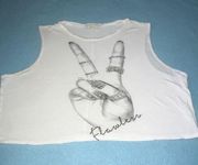 ARAN’S DEN hand peace sign ”flawless” sparkling crop top white semi sheer size L