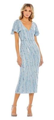 Mac Duggal Powder Blue Sequin Flutter Sleeve Tea Length Dress Size 8 $498 93591