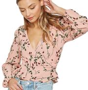 Topshop Rose Bud Floral Printed Long Sleeve Wrap Top Blouse Pink Size 2