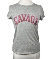 Flocked SAVAGE Graphic T-Shirt Short Sleeve Gray & Pink Pam & Gela