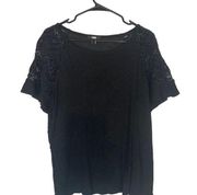 Paige Black Linen Blend Lace Detail Short Sleeve Boat Neck Blouse Women Sz L