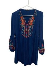 Solitaire Blue Embroidered Tunic Long Balloon Sleeve Babydoll Dress | Size M