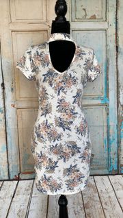 Women Short Sleeve Mock Neck Keyhole Floral Mini Dress Size Large