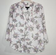 Adrienne Vittadini Floral Qomen Medium Long Sleeve V Neck Spring Summer Blouse