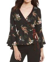 June & Hudson Black Fall Floral Print Bell Sleeve Wrap Top Women’s Size Medium