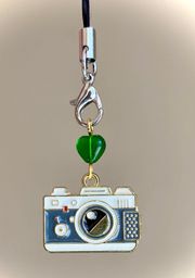 Kawaii funky retro camera & Czech glass heart  phone charm/keychain/bag accessory/car display💚📸🍃🌀