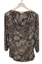 Valerie Stevens Ruched Scoop Neck Leopard Print Stretchy Blouse Women's Size XL