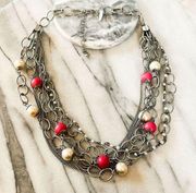 New York & Company Chain Necklace Silver Toned Metal Red Pearl Beaded Layered