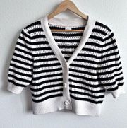 A NEW DAY | Black White Stripe Short Sleeve Cardigan Sweater Knit | Size Medium