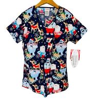 Rudolph The Red Nosed Reindeer & Santa V-Neck Short Sleeve Scrub Top Size XS NWT