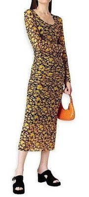 RARE GANNI Mesh Ruched Yellow Floral Bodycon Dress