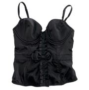 Victorias Secret Corset Womens 34C Black Satin Zip Back Boned Bow Y2K Lingerie