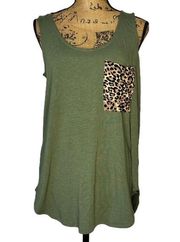 NWOT Dark Olive Green Sleeveless Top with Leopard Print Pocket size Medium