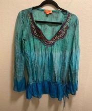 Hale Bob Cabana Silk Ombre Tie Dye Beaded V-Neck Top With Drawstring Waist