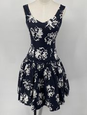 Vintage 80s Laura Ashley Fit & Flare Mini Dress Floral Print Cotton Black XS