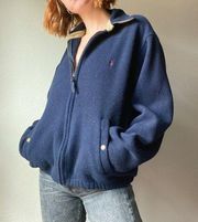 Vintage Polo By Ralph Lauren Navy Blue Fleece Tan Trim Zip Up Jacket