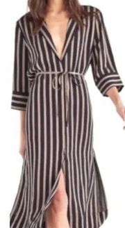 NWT 7 For All Mankind Button Front Shirt Dress, Black Striped Midi Small