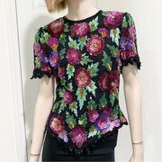 Vintage Laurence Kazar Heavily Beaded Sequin Floral Blouse Size M