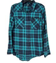 Fox Racing Flannel Shirt Womens Blue Button Snap Plaid Long‎ Sleeve Top Medium