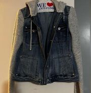 Inc Denim Jean Jacket with sweater sleeves and removable hoodie.