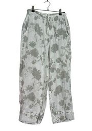 FLAX Linen Drawstring Waist White and Grey Floral Print Pants