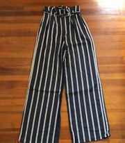 Navy blue and white striped wide leg pants