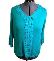 Joseph A. V-Neck Sweater Teal Blue Beaded XL