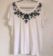 CHARTER club bright white tee with flowers and rhinestones size 1X NWT