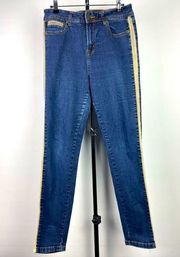 Soft Surroundings Blue Dark Wash Faux Leather Tuxedo Side Stripe Skinny Jeans