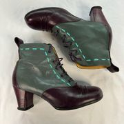 John Fluevog Size 9.5 Purple Teal Operetta Bartoli Heeled Lace-Up Bootie Leather