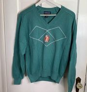 Lands'End  Women’s Vintage Sea Green V-neck Rose Cotton Sweater NWOT Sz M