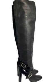 Jimmy Choo Knee High Leather Pull On Heeled OTK Boots Black Size 38