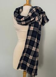 J Crew navy Blue White Red Plaid Wool Oversized Blanket Scarf 