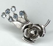 Vintage 1950's Rose Flower BROOCH Pin Silver Metal Leaf Blue Crystal Rhinestones